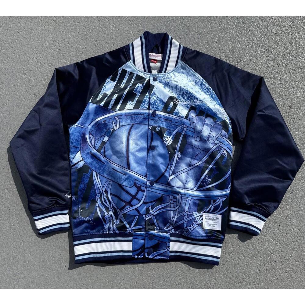 Men’s Mitchell & Ness Branded Basketball Bomber Satin Jacket Blue Medium NWOT